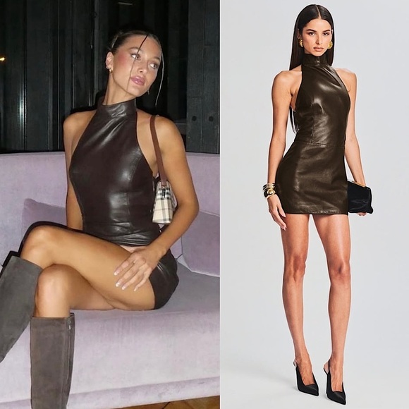 NWT RETROFETE Leather Halter Neck Sleeveless Buckle Strap Open Back Mini Dress S - Picture 1 of 8